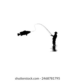 Silhouette of the Fisherman or Angler Catch Fish, can use for Art Illustration, Logo Gram, Sticker, or Graphic Design Element. Vector Illustration