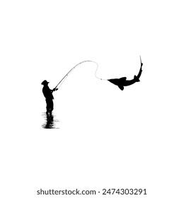 Silhouette of the Fisherman or Angler Catch Fish, can use for Art Illustration, Logo Gram, Sticker, or Graphic Design Element. Vector Illustration