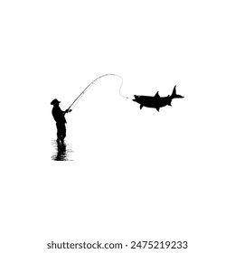 Silhouette of the Fisherman or Angler Catch Fish, can use for Art Illustration, Logo Gram, Sticker, or Graphic Design Element. Vector Illustration