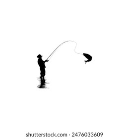 Silhouette of the Fisherman or Angler Catch Fish, can use for Art Illustration, Logo Gram, Sticker, or Graphic Design Element. Vector Illustration