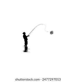 Silhouette of the Fisherman or Angler Catch Fish, can use for Art Illustration, Logo Gram, Sticker, or Graphic Design Element. Vector Illustration