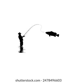 Silhouette of the Fisherman or Angler Catch Fish, can use for Art Illustration, Logo Gram, Sticker, or Graphic Design Element. Vector Illustration