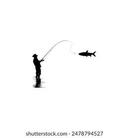 Silhouette of the Fisherman or Angler Catch Fish, can use for Art Illustration, Logo Gram, Sticker, or Graphic Design Element. Vector Illustration