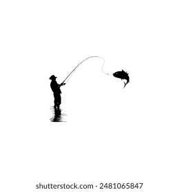 Silhouette of the Fisherman or Angler Catch Fish, can use for Art Illustration, Logo Gram, Sticker, or Graphic Design Element. Vector Illustration