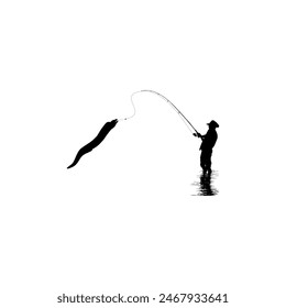 Silhouette of the Fisherman or Angler Catch Moray Eel, can use for Art Illustration, Logo Gram, Sticker, or Graphic Design Element. Vector Illustration