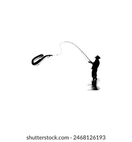 Silhouette of the Fisherman or Angler Catch Moray Eel, can use for Art Illustration, Logo Gram, Sticker, or Graphic Design Element. Vector Illustration