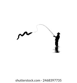 Silhouette of the Fisherman or Angler Catch Moray Eel, can use for Art Illustration, Logo Gram, Sticker, or Graphic Design Element. Vector Illustration