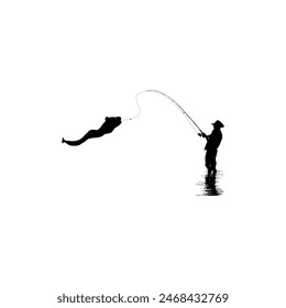 Silhouette of the Fisherman or Angler Catch Moray Eel, can use for Art Illustration, Logo Gram, Sticker, or Graphic Design Element. Vector Illustration