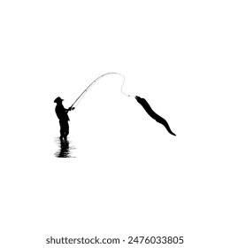 Silhouette of the Fisherman or Angler Catch Moray Eel, can use for Art Illustration, Logo Gram, Sticker, or Graphic Design Element. Vector Illustration