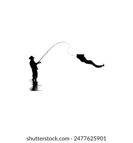 Silhouette of the Fisherman or Angler Catch Moray Eel, can use for Art Illustration, Logo Gram, Sticker, or Graphic Design Element. Vector Illustration