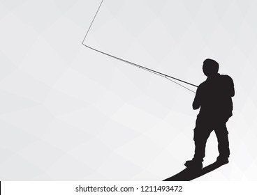 Silhouette of a fisherman with a backpack and spinning. A fisherman catches a fish.