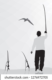 Silhouette of a fisherman with a backpack and spinning. A fisherman catches a fish.