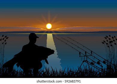 Silhouette of fisherman with carp fish. Fishing vector.