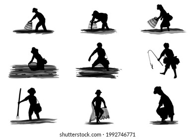 silhouette fisherman cartoon character on white background vector design