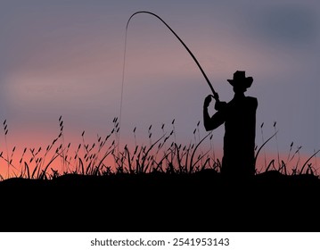 Silhouette of fisherman casting fishing rod at sunset with tall grass in foreground