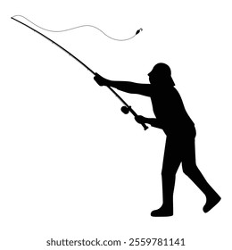 Silhouette of a Fisherman Casting a Fishing Rod