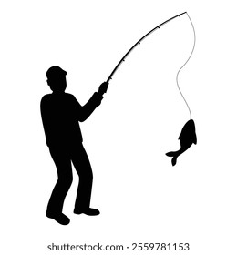 Silhouette of a Fisherman Casting a Fishing Rod