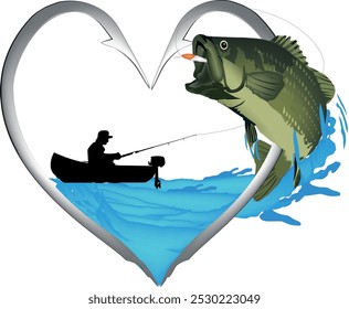 Silhouette of a fisherman catching a jumping largemouth bass inside a heart shaped fishing hook
