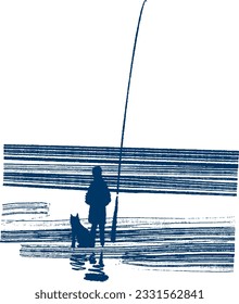 silhouette of a fisherman with a dog on the beach 