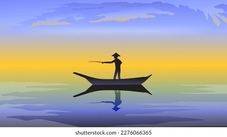 silhouette of fisherman. evening scenery