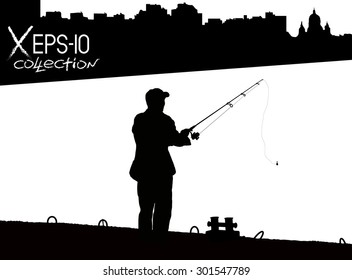Silhouette of fisherman with fishing rod on pier fishing on background of night city black and white. Vector illustration of my raster photo