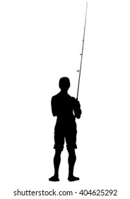 Silhouette of a fisherman with a fishing rod on white background