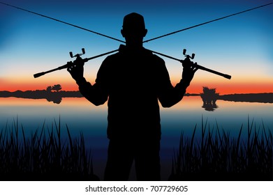 Silhouette of fisherman with fishing spinning rods. Vector background.