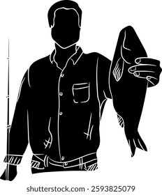 Silhouette of a fisherman holding a caught fish and a fishing rod