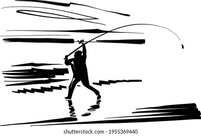 silhouette of a fisherman on the beach  with a rod