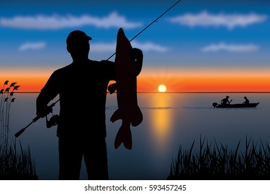 Silhouette of fisherman with pike fish. Fishing vector.