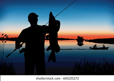 Silhouette Of Fisherman With Pike Fish. Fishing Vector.