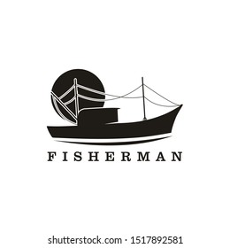 Silhouette of fisherman ship logo design
