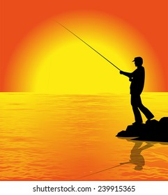 silhouette of fisherman in the sunset