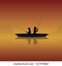 silhouette of fishermen with fishing rods in a boat on a sunset background