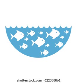 silhouette fishes in blue ocean with waves vector illustration