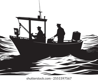 silhouette, fishing boat, black and white monochrome vector illustration.