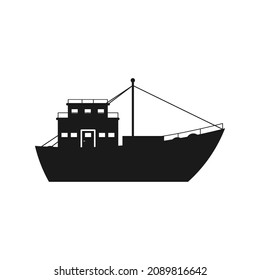 Silhouette of the fishing boat. Flat design vector illustration isolated on white background.