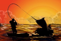 Silhouette Of Fishing With A Boat Pulling Big Swordfish In The Sea, With A Sunset In The Ocean As A Background