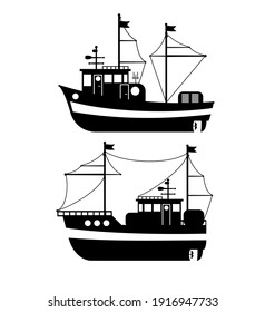 Silhouette of the Fishing Boat, Side View, Commercial Fishing Trawler, Industrial Seafood Production, Water Transport, Sea or Ocean Transportation Vector Illustration