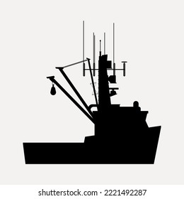 Silhouette of the Fishing Boat, Side View, Commercial Fishing Trawler, Industrial Seafood Production, Water Transport, Sea or Ocean Transportation Vector Illustration