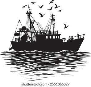 silhouette, fishing boat vector, illustration