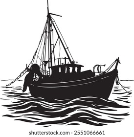 silhouette, fishing boat vector, illustration
