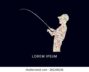 Silhouette, Fishing , design using colorful triangle mosaic, graphic vector.