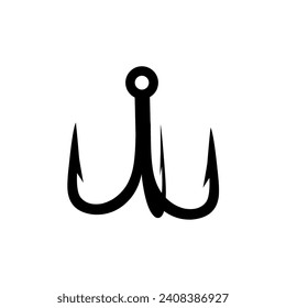 Silhouette of a fishing hook with three sharp hooks. Fish trap concept in the sea. Simple trap on a white background.