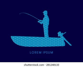 Silhouette, Fishing on the boat, designed using water line, graphic vector.
