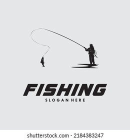 Silhouette fishing on white background logo design