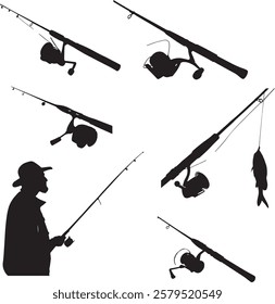 Silhouette of Fishing Rods and Fisherman A set of black silhouettes of fishing rods, reels, and a fisherman.