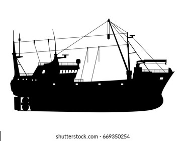 Silhouette of a fishing trawler. Side view. Flat vector.