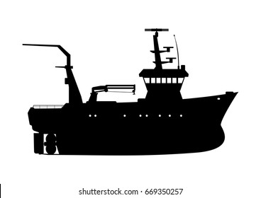 Silhouette of a fishing trawler. Side view. Flat vector.