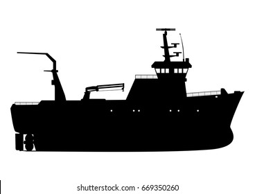 Silhouette of a fishing trawler. Side view. Flat vector.